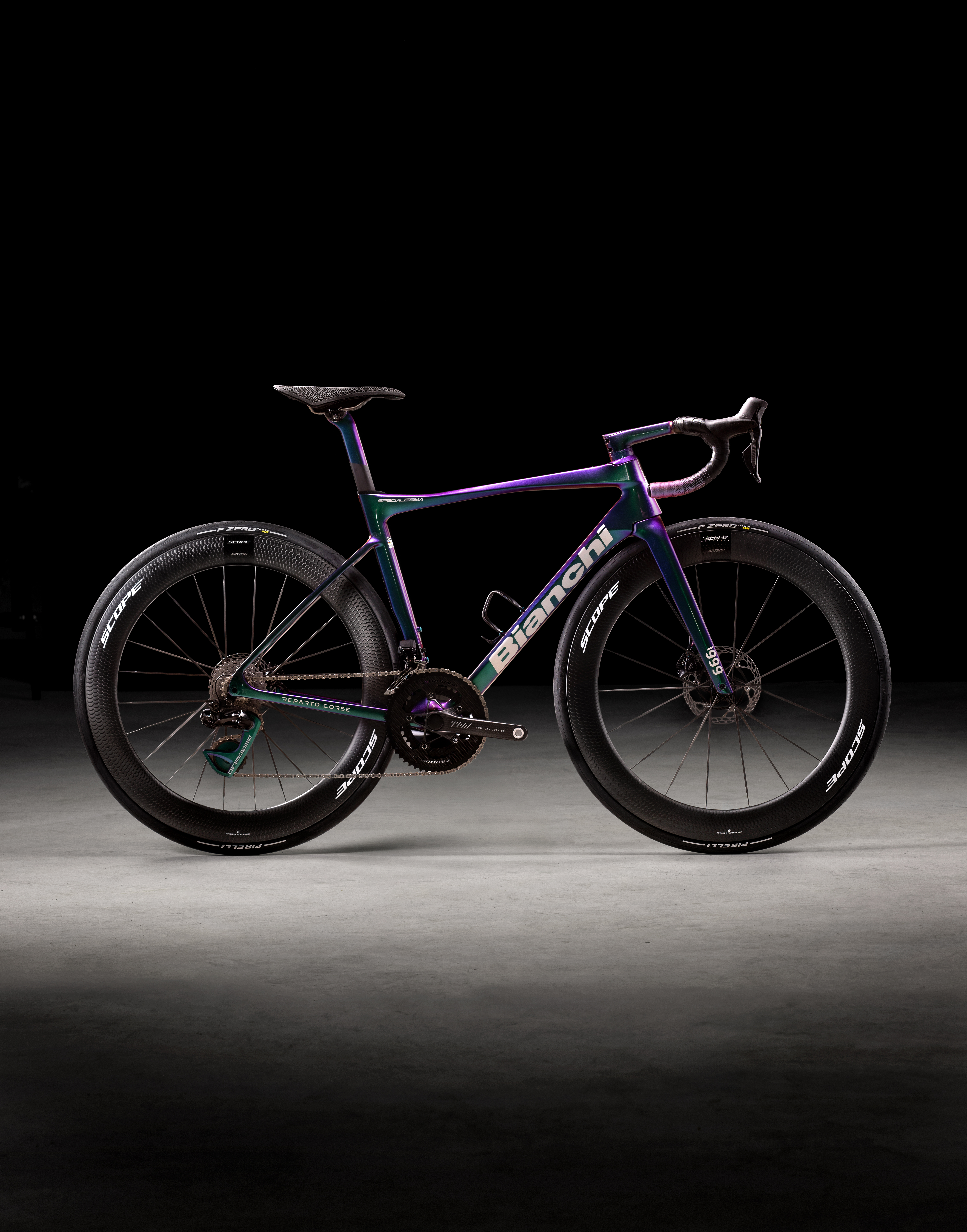 studio beauty shots of Bianchi road racing bike shown against black