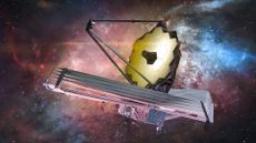 A rendering of the JWST floating through space with a colorful starry sky behind it