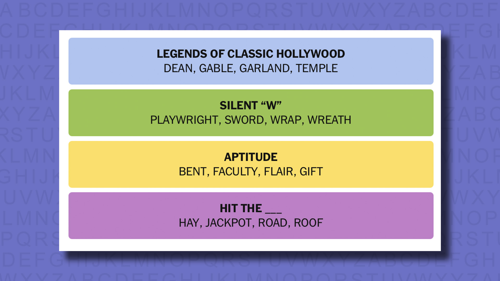 NYT Connections answers for game 782 on a purple background