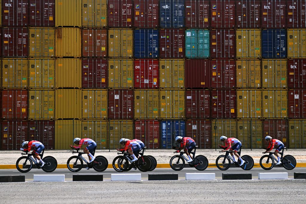 KHALIFA PORT UNITED ARAB EMIRATES FEBRUARY 21 A general view of Antonio Tiberi of Italy Jon Aberasturi Izaga of Spain Marc Brustenga Masague of Spain Amanuel Gehbreigzabhier of Eritrea Asbjrn Hellemose of Denmark Emils Liepins of Latvia Antwan Tolhoek of The Netherlands and Team Trek Segafredo competing during the 5th UAE Tour 2023 Stage 2 a 173km team time trial in Khalifa Port UAETour on February 21 2023 in Khalifa Port United Arab Emirates Photo by Dario BelingheriGetty Images