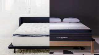 The WinkBed mattress on a bed frame directly next to the Helix Midnight Luxe mattress on a bed frame