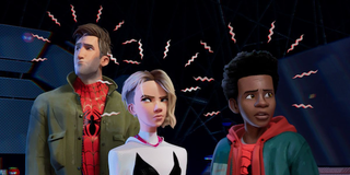 Peter Parker, Gwen Stacy, and Miles Morales, all using spider sense, in Spider-Man: Into the Spider-