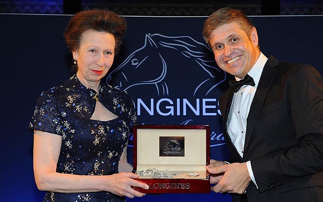 LONDON, ENGLAND - JUNE 13: HRH Princess Anne, The Princess Royal is awarded the Longines Ladies Award by Juan-Carlos Capelli, VP and head of international marketing for Longines during the Longines Ladies Awards at the National History Museum on June, 13, 2016 in London, United Kingdom. The event honoured Her Royal Highness The Princess Royal for her lifelong commitment to equestrian sport. (Photo by Eamonn M. McCormack/Getty Images for Longines ) *** Local Caption *** Princess Anne;The Princess Royal;Juan-Carlos Capelli