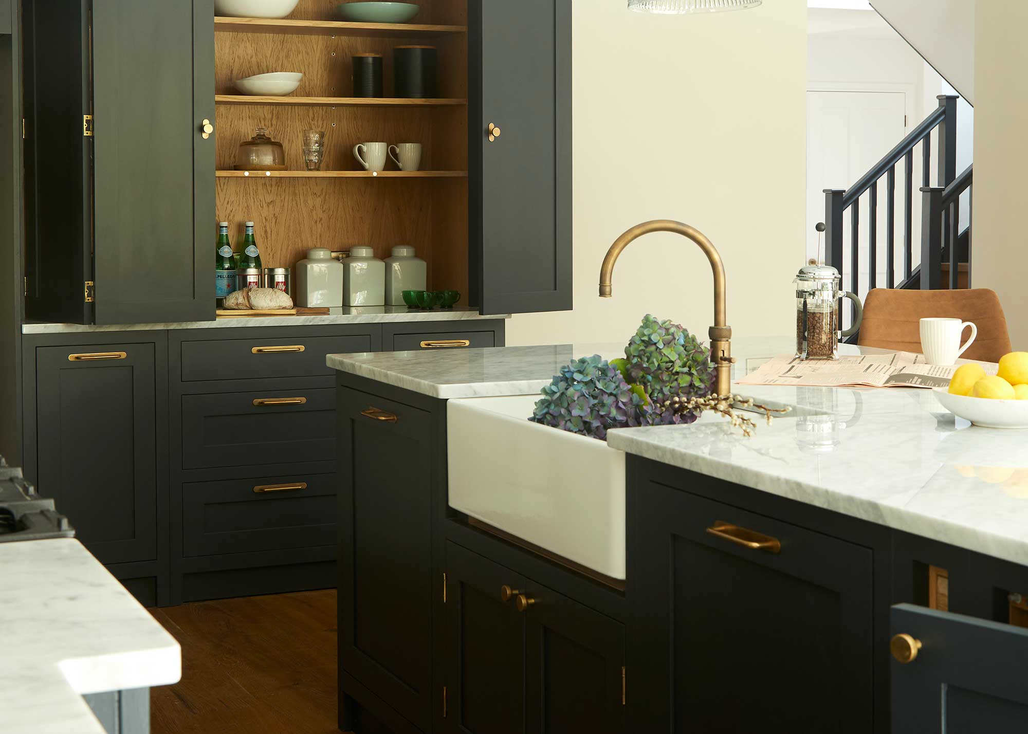 blue black kitchen in Railings by Farrow & Ball with Belfast sink
