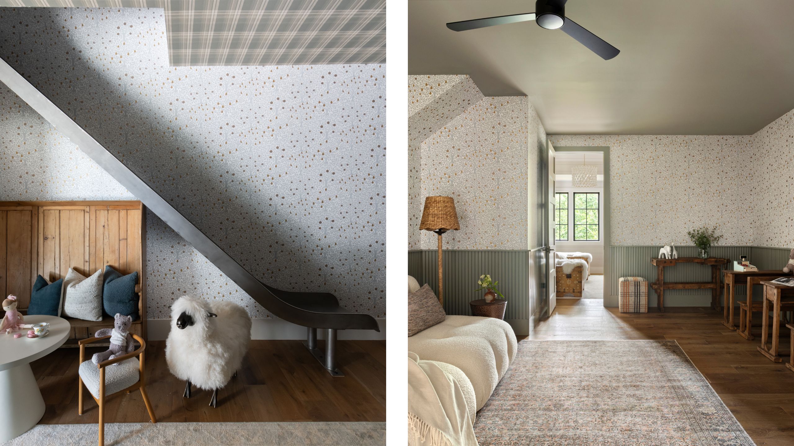 two side by side images of a kids playroom accessed via a slide with antique homework desks and wallpaper