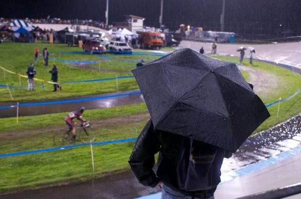 Umbrellas were a necessity for the night's racing.