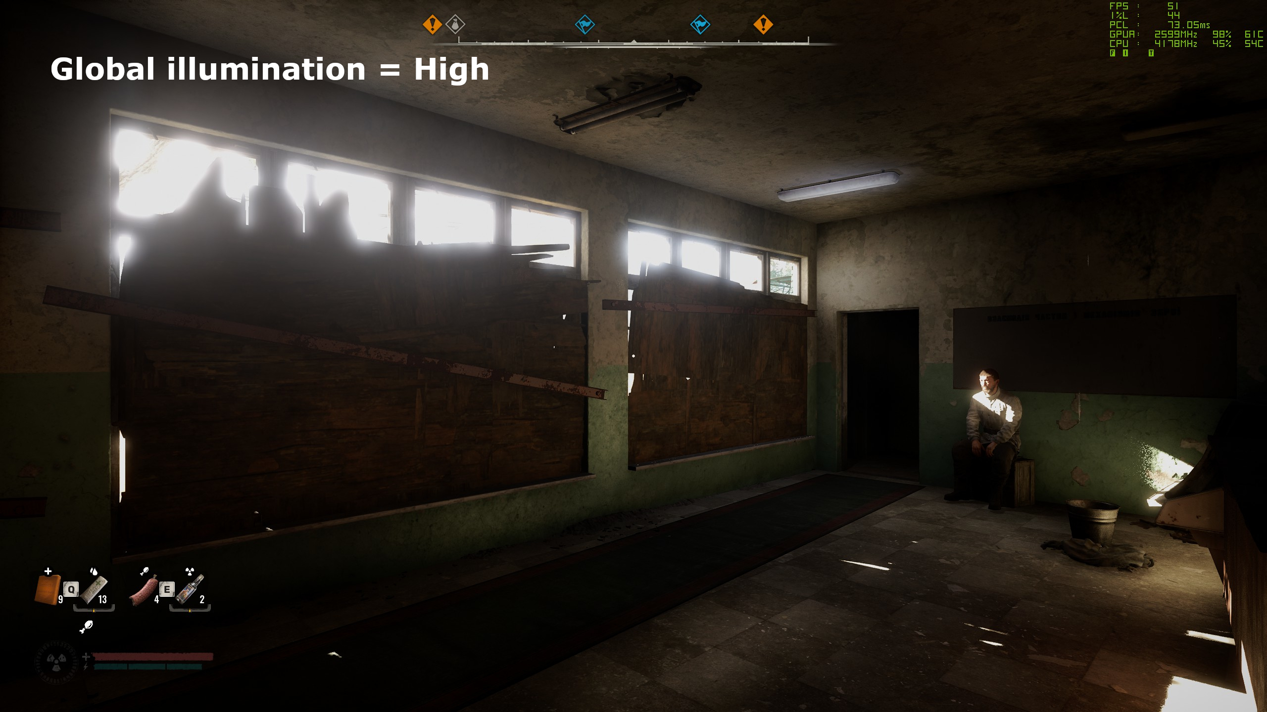 A screenshot of Stalker 2: Heart of Chornobyl, showing the impact of global illumination settings