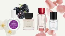 A collage of under-&pound;30 perfumes from The Body Shop, Boots, ARKIVE and Anillo on a cream template with stock images of flowers and blackberries