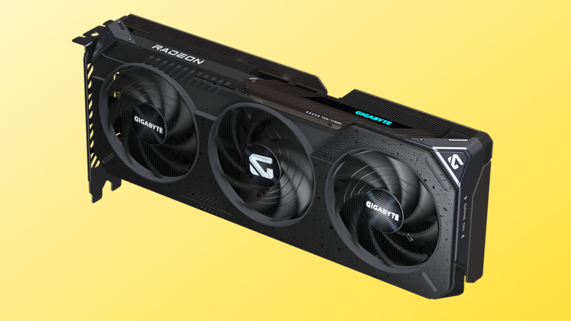 An image of a Gigabyte Radeon RX 9060 XT graphics card against a yellow gradient background.