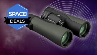 Product image of the Vortex Crossfire HD 10x42 binoculars on a purple cosmic background with a space.com logo in the top left corner