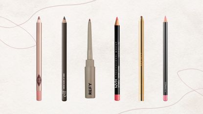 Collage of six of the best lip liners featured in this guide from (left to right) Charlotte Tilbury, e.l.f. Cosmetics, REFY, Nyx Professional Makeup, MERIT Beauty and MAC Cosmetics, set against a taupe background with two pink abstract single line drawings
