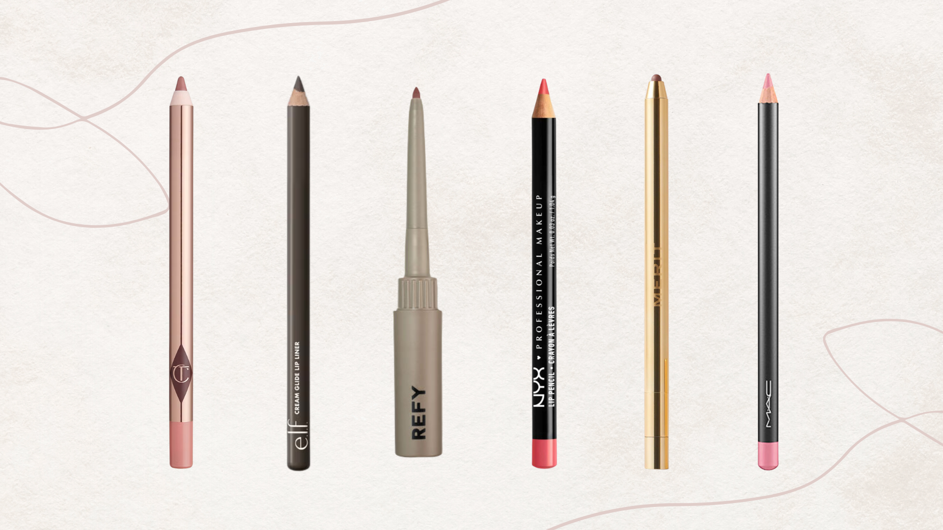 Collage of six of the best lip liners featured in this guide from (left to right) Charlotte Tilbury, e.l.f. Cosmetics, REFY, Nyx Professional Makeup, MERIT Beauty and MAC Cosmetics, set against a taupe background with two pink abstract single line drawings 