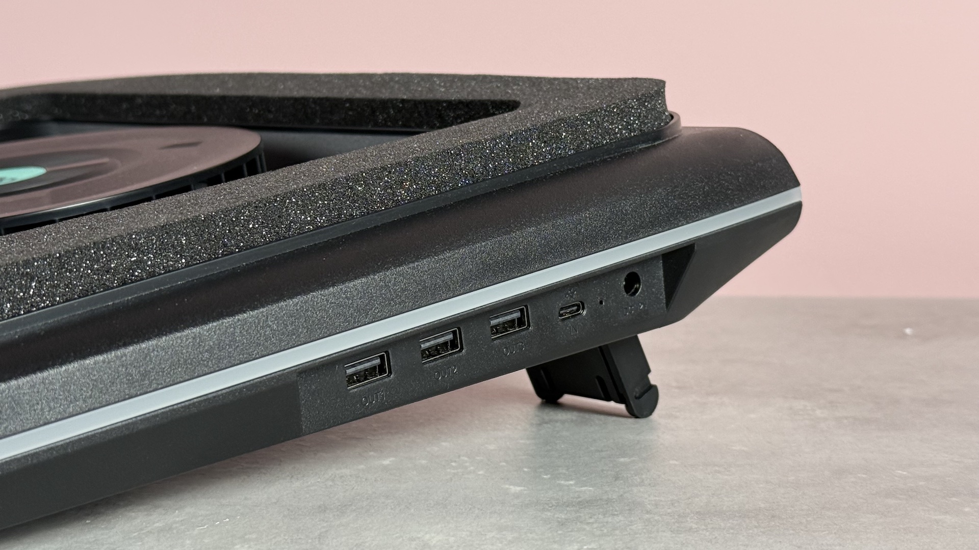 A closeup of the ports on the Llano RGB Laptop Cooling Pad.