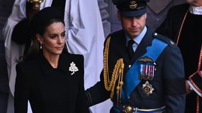 Catherine, Princess of Wales and Prince William, Prince of Wales leave after a service for the reception of Queen Elizabeth II's coffin at Westminster Hall, on September 14, 2022 in London, United Kingdom. Queen Elizabeth II's coffin is taken in procession on a Gun Carriage of The King's Troop Royal Horse Artillery from Buckingham Palace to Westminster Hall where she will lay in state until the early morning of her funeral. Queen Elizabeth II died at Balmoral Castle in Scotland on September 8, 2022, and is succeeded by her eldest son, King Charles III.