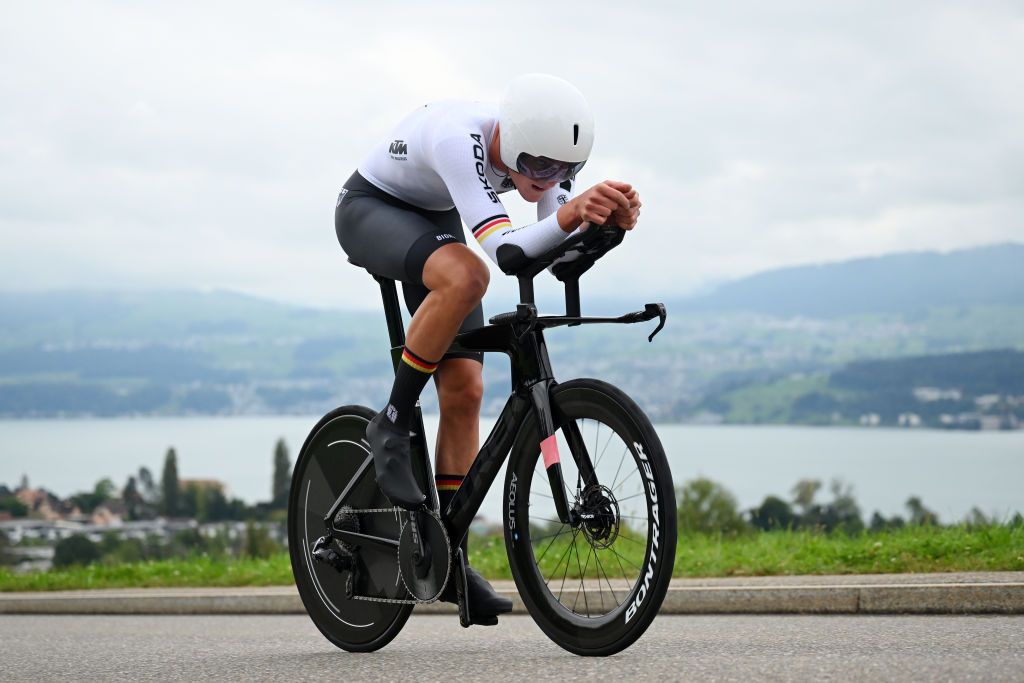 ZURICH SWITZERLAND SEPTEMBER 23 Niklas Behrens of Team Germany sprints during the 97th UCI Cycling World Championships Zurich 2024 Mens U23 Individual Time Trial a 299km one day race from Zurich to Zurich on September 23 2024 in Zurich Switzerland Photo by Dario BelingheriGetty Images