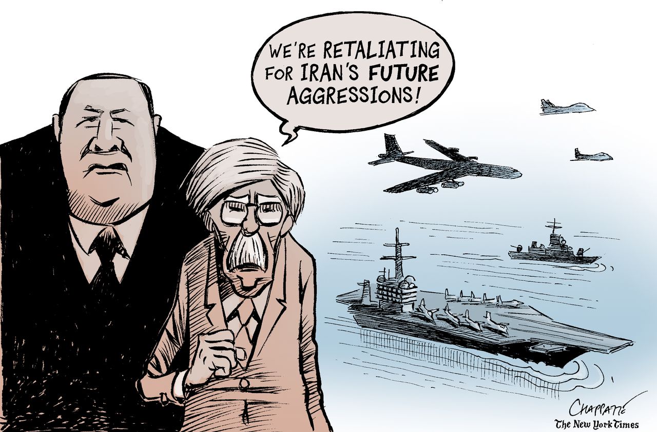 Political cartoon U.S. John Bolton Mike Pompeo Iran war