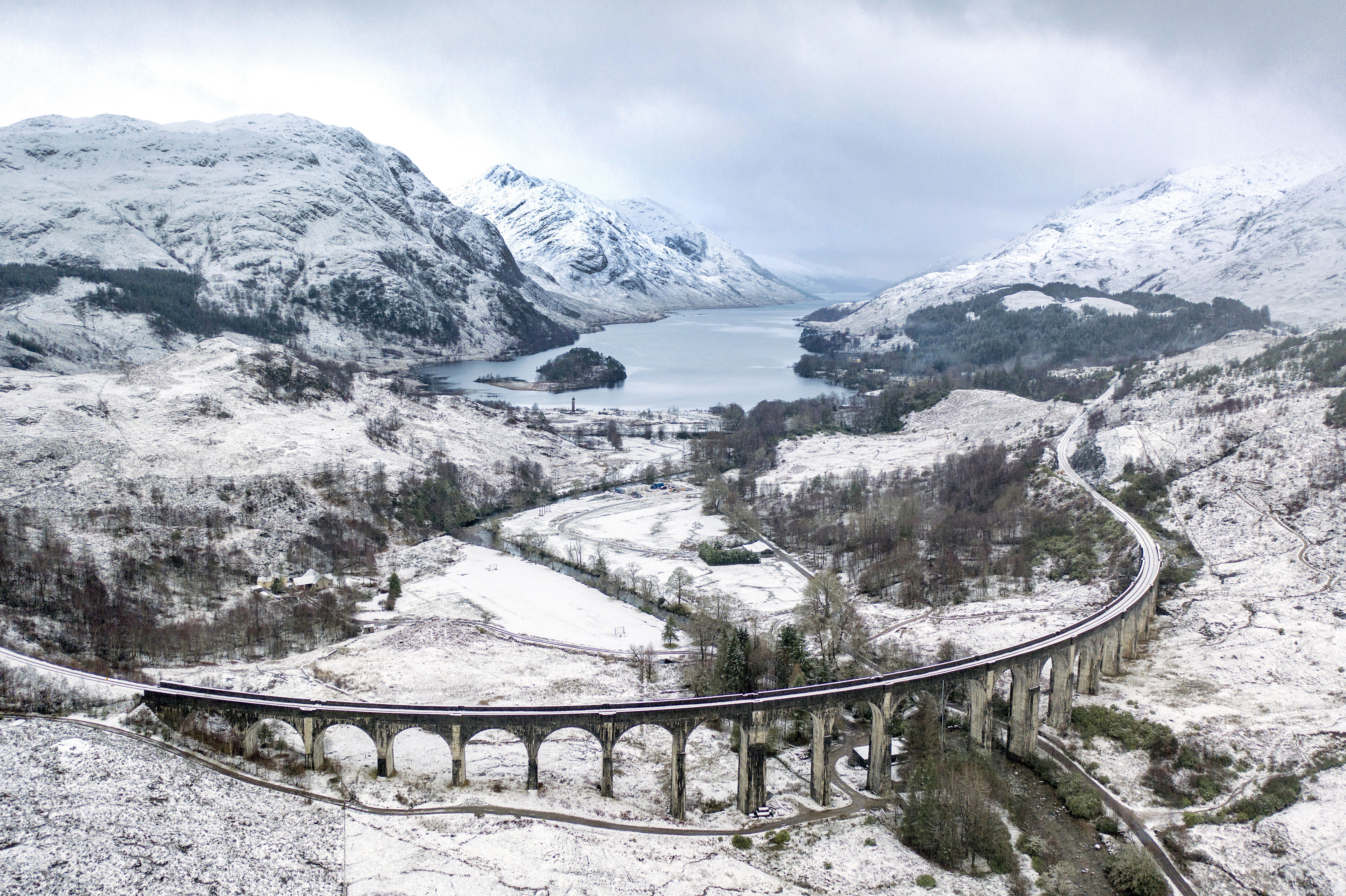 Winter in all its majesty at Glenfinnan Viaduct in the Scottish Highlands on January 29, 2020.