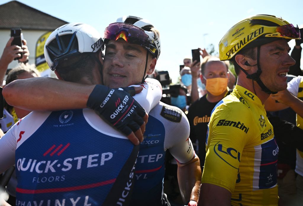 QuickStep-AlphaVinyl Team celebrates Fabio Jakobsen&#039;s stage 2 victory at the Tour de France