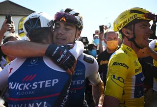 QuickStep-AlphaVinyl Team celebrates Fabio Jakobsen's stage 2 victory at the Tour de France