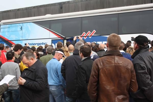 The second coming. The hordes mass outside the Quick Step team bus, waiting for Tom Boonen.