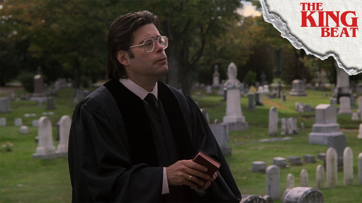 Stephen King as a priest in Pet Sematary in a graveyard The King Beat