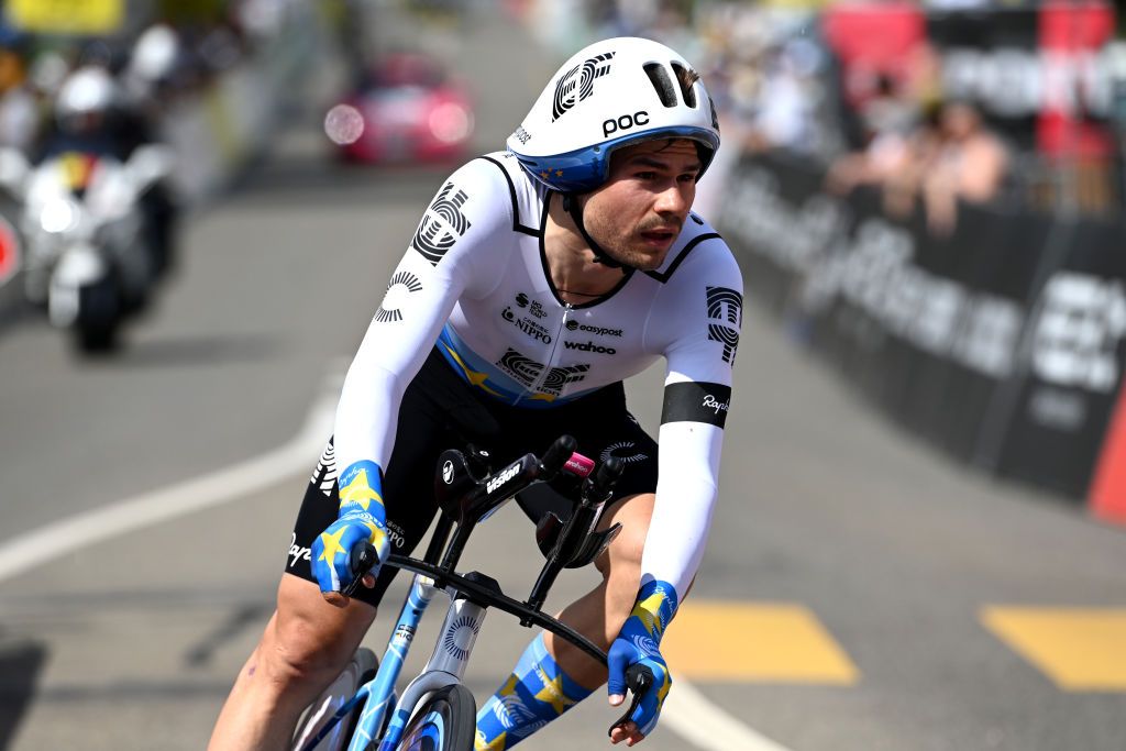 ABTWILL SWITZERLAND JUNE 18 Stefan Bissegger of Switzerland and Team EF EducationEasyPost crosses the finish line during the 86th Tour de Suisse 2023 Stage 8 a 257km individual time trial from St Gallen to Abtwil UCIWT on June 18 2023 in Abtwil Switzerland Photo by Tim de WaeleGetty Images