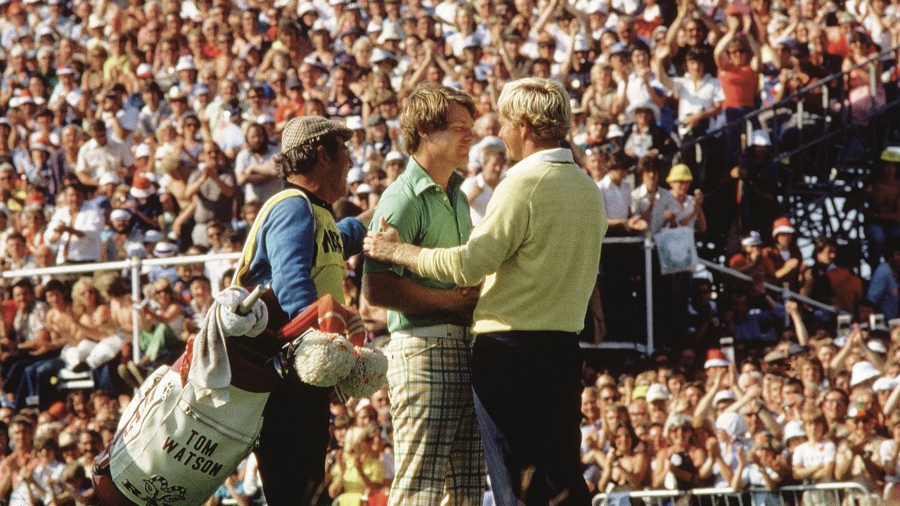 British Open, Tom Watson and Jack Nicklaus embrace after tournament on Sunday at Turnberry