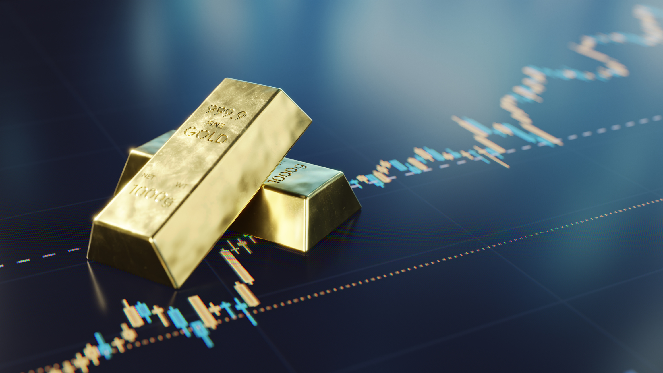 gold bars sit on a dark blue stock chart representing investing in gold