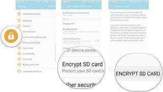 tap lock screen and security then tap encrypt SD card, then tap encrypt sd card at the bottom of the screen