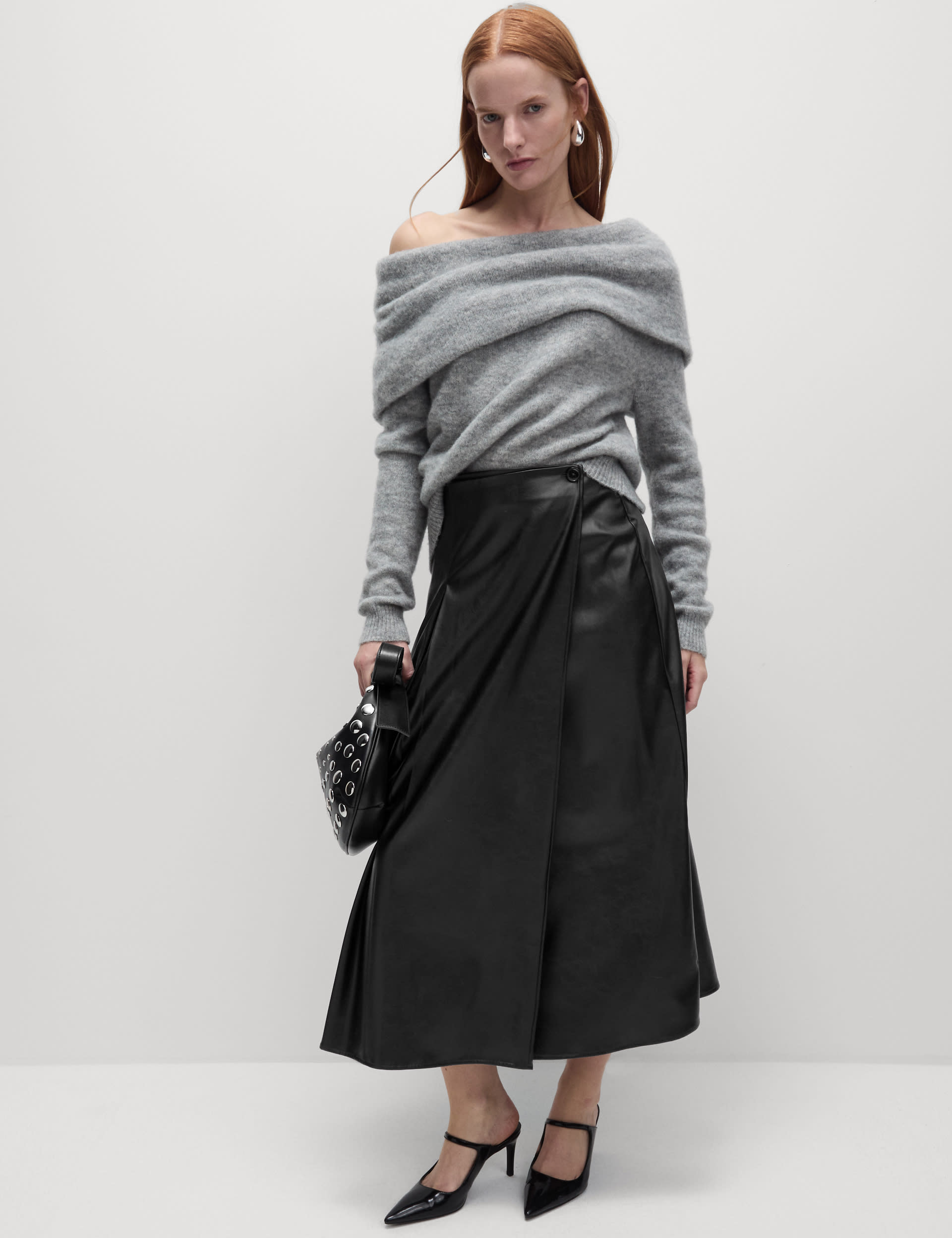 Leather Look Pleated Midaxi Wrap Skirt