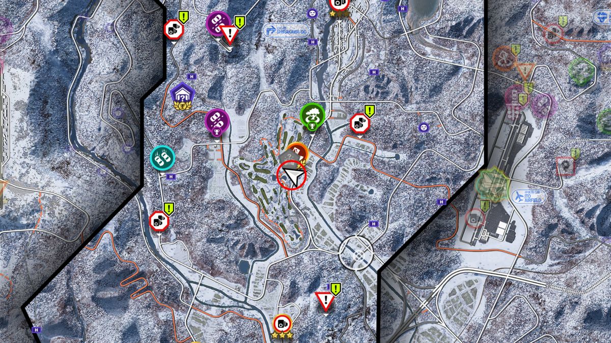 Forza Horizon 6 vending machines: A map of Minamino with a red circle showing a good location to find vending machines.