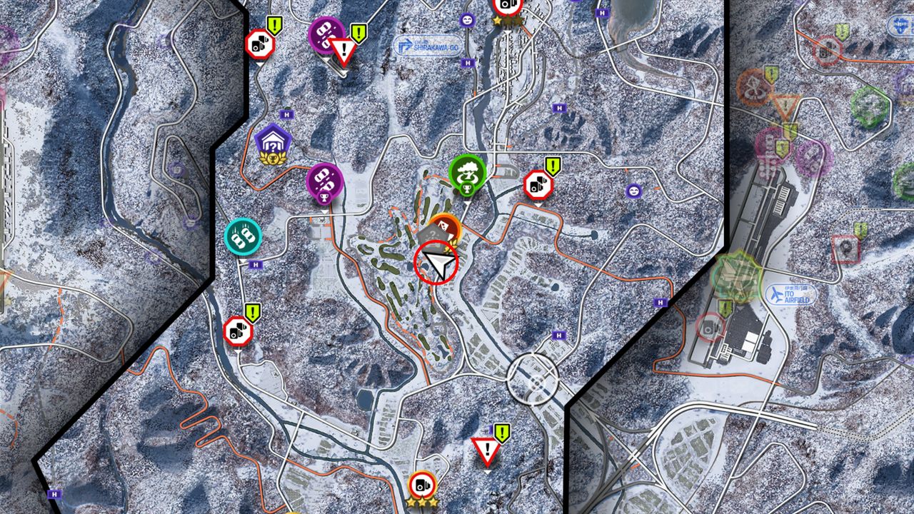 Forza Horizon 6 vending machines: A map of Minamino with a red circle showing a good location to find vending machines.