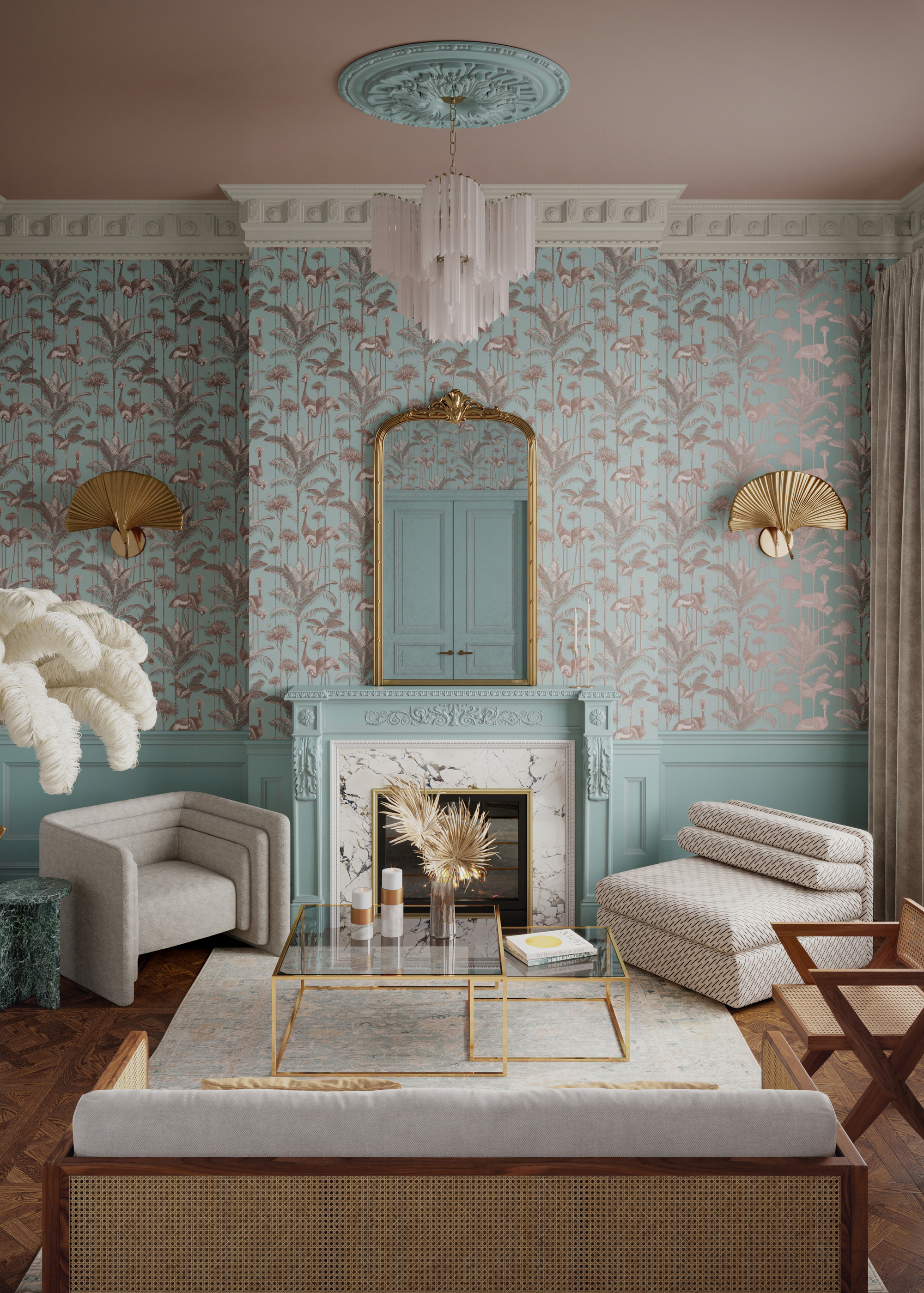 A living room with modern furniture, ornate molding, pale blue wainscoting, and a blue and pink metallic print wallpaper on the upper portion of the walls