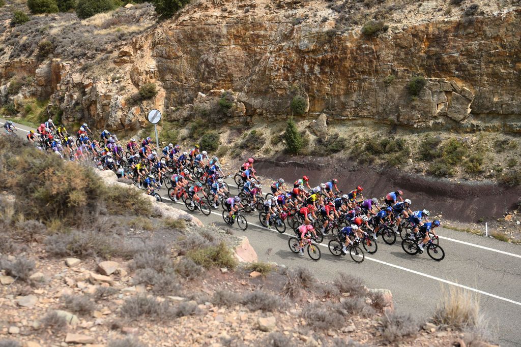 TERUEL SPAIN APRIL 30 Blanka Vas of Hungary and Team SD Worx Protime Red Leader Jersey and a general view of the peloton climbing to Mora de Rubielos 1035m during the 10th La Vuelta Femenina 2024 Stage 3 a 1303km stage from Lucena del Cid to Teruel UCIWWT on April 30 2024 in Teruel Spain Photo by Alex BroadwayGetty Images
