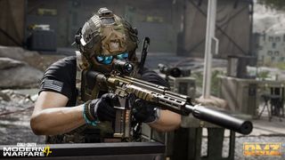 A graphic showing the DMZ Firing Range in Call of Duty: Modern Warfare 4 showing an operator aiming down the sights of a rifle.