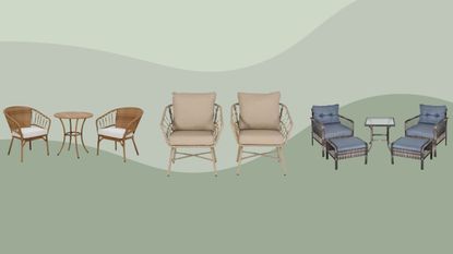 Wicker outdoor furniture on green wavy background, a bistro set with white cushions, two chairs with beige cushions and a grey set with a table and two footstools