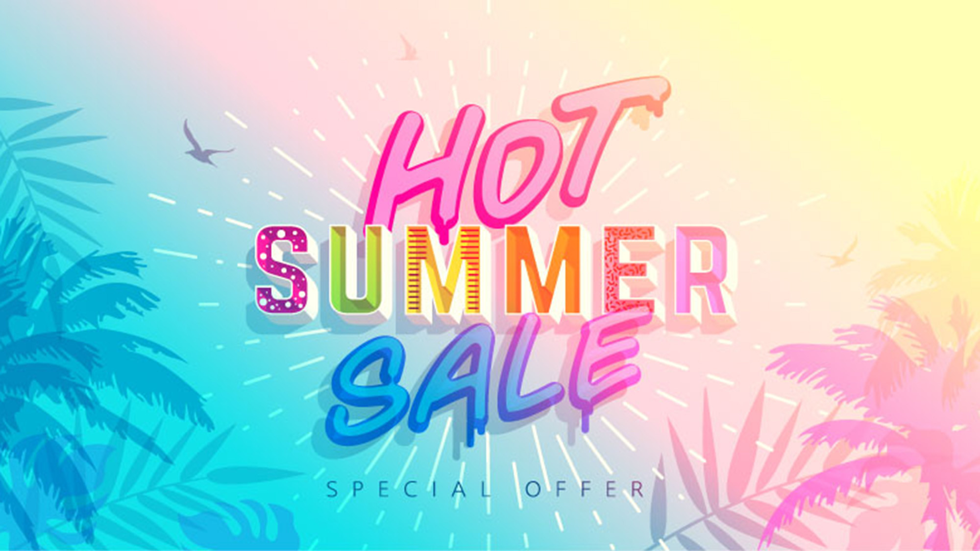A graphic advertizing a hot summer sale with vector palm trees in the background