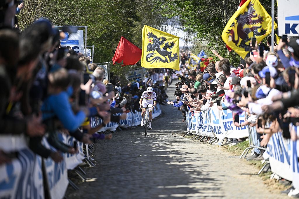 Slovenian Tadej Pogacar of UAE Team Emirates pictured in action during the men's race of the 'Ronde van Vlaanderen/ Tour des Flandres/ Tour of Flanders' one day cycling race, 268,9km from Brugge to Oudenaarde, Sunday 06 April 2025. BELGA PHOTO POOL JAN DE MEULENEIR (Photo by POOL JAN DE MEULENEIR / BELGA MAG / Belga via AFP)