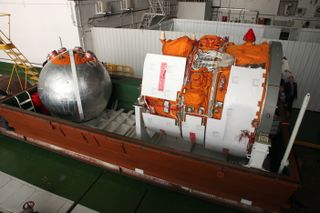 Russia's Bion-M1 spacecraft to launch animals on a month-long space mission is delivered to its launch site at Baikonur Cosmodrome, Kazakhstan in February 2013.