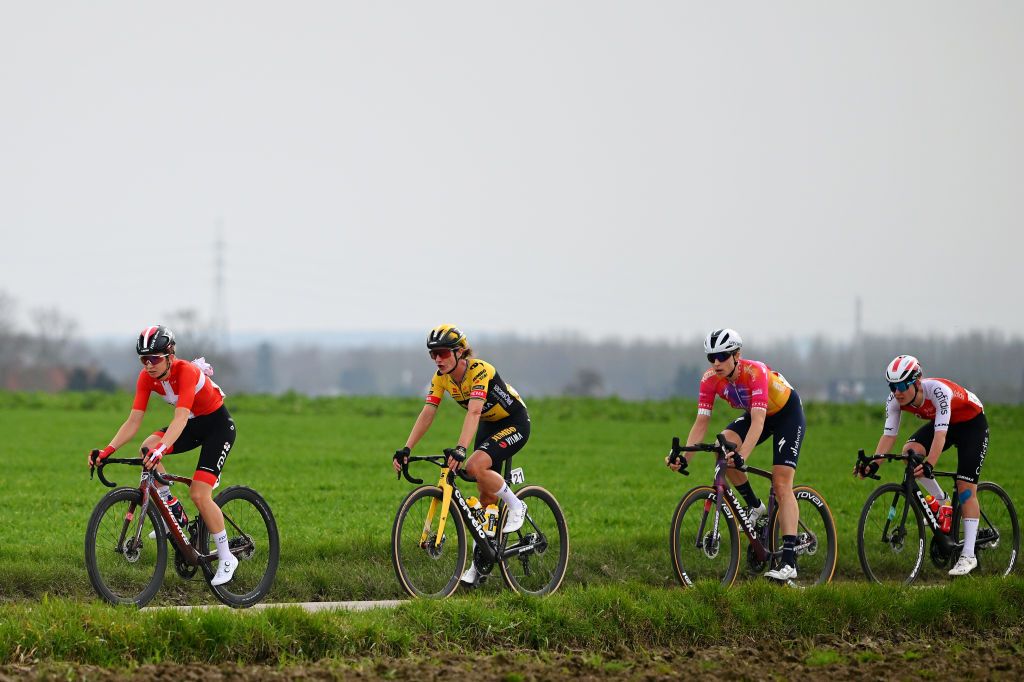 WAREGEM BELGIUM MARCH 29 A general view of Victoire Berteau of France and Team Cofidis Cecilie Uttrup Ludwig of Denmark and Team FDJSuez Marlen Reusser of Switzerland and Team SD Worx and Marianne Vos of The Netherlands and Team JumboVisma compete in the breakaway during the 11th Dwars door Vlaanderen 2023 Womens Elite a 1149km ine day race from Waregem to Waregem DDV23 on March 29 2023 in Waregem Belgium Photo by Luc ClaessenGetty Images