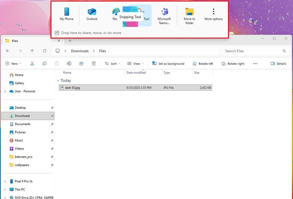 File Explorer share drag to file top