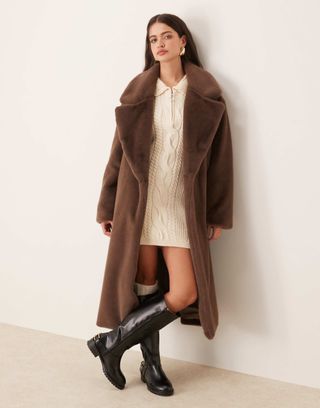 Asos Design Longline Chuck on Faux Fur Coat in Mocha