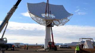 A prototype dish antenna installed at the Square Kilometer Array Observatory's site in the South African Karoo desert.
