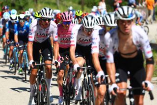 Tadej Pogačar sits in the UAE Team Emirates train on stage 10 of the Giro d'Italia