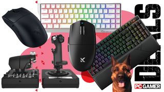 A collection of gaming mice, keyboards, flight stick (and a dog) on a pink and white deals background, with the PC Gamer logo in the bottom right.