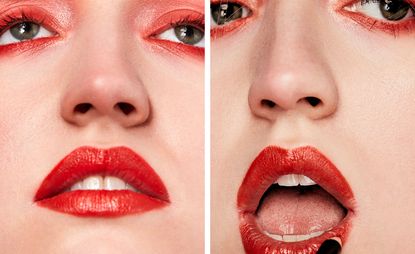 Side by side images, both close ups of faces using vegan makeup red lipstick and red eyeshadow.