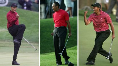 Three images of Tiger Woods celebrating wins in his Sunday red