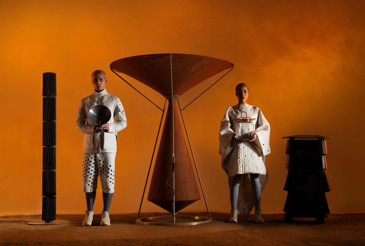 fashion, furniture and accessories on an orange backdrop