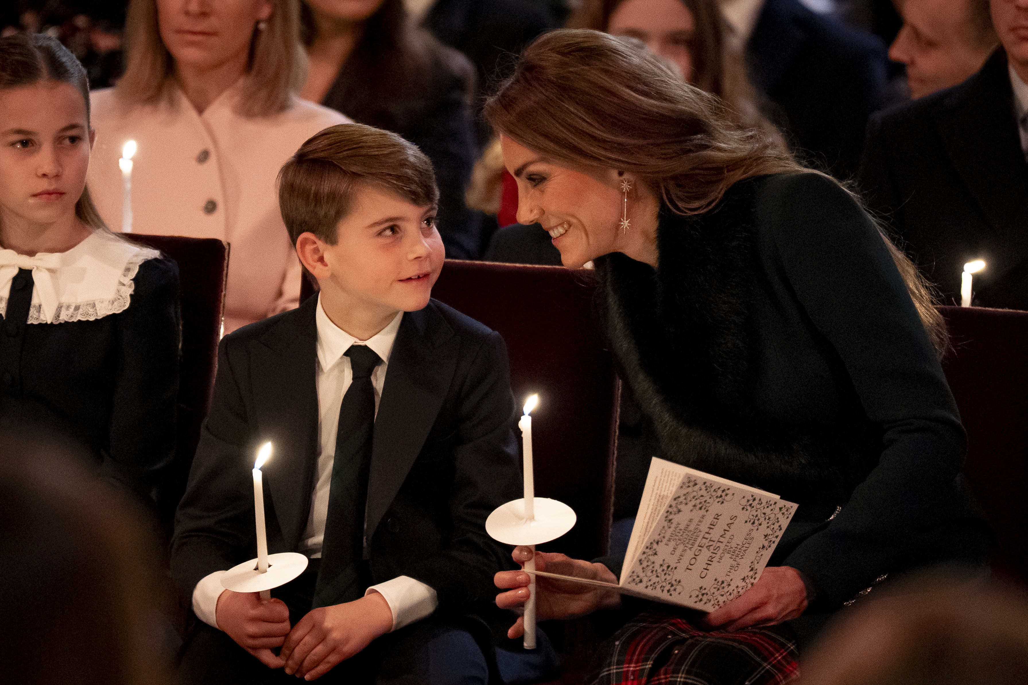 Prince Louis attends the Together At Christmas Carol Service at Westminster Abbey with mom Kate Middleton on December 5, 2025 in London, England