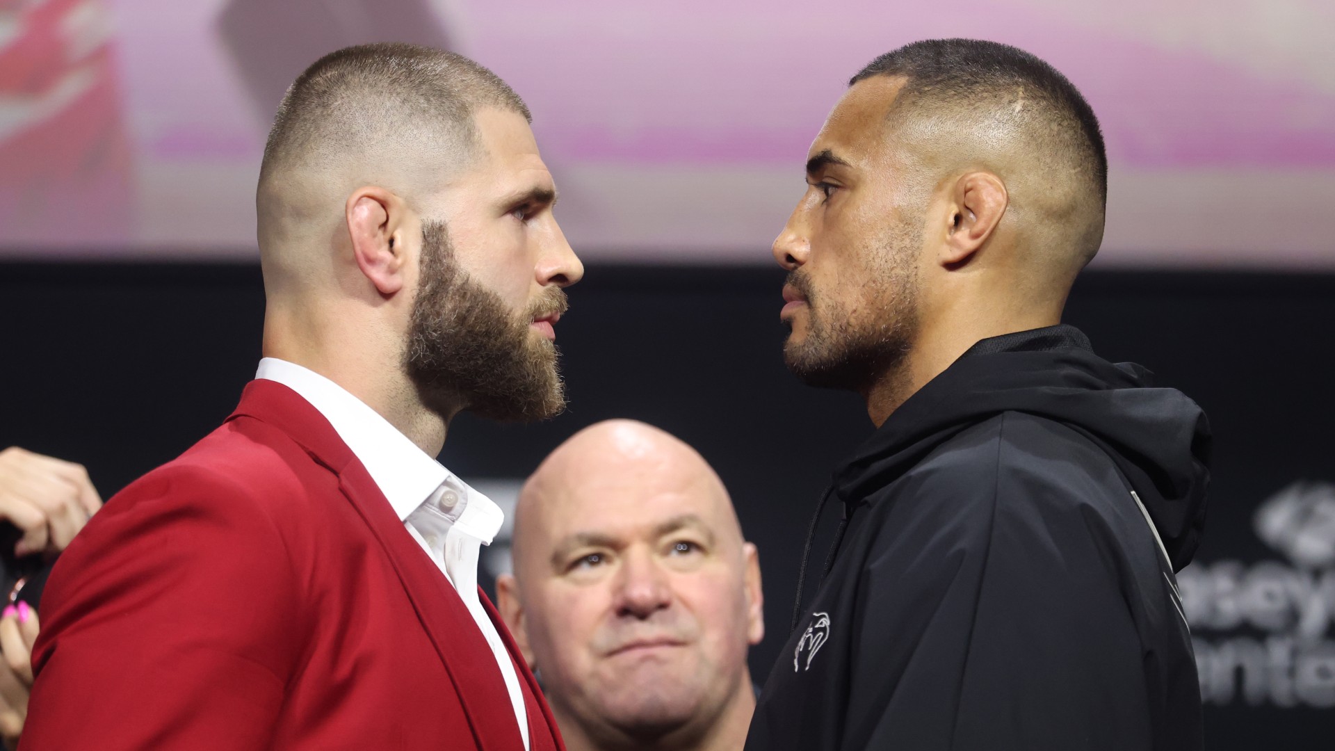Opponents Jiri Prochazka of the Czech Republic and Carlos Ulberg of New Zealand face off during the UFC 327 press conference